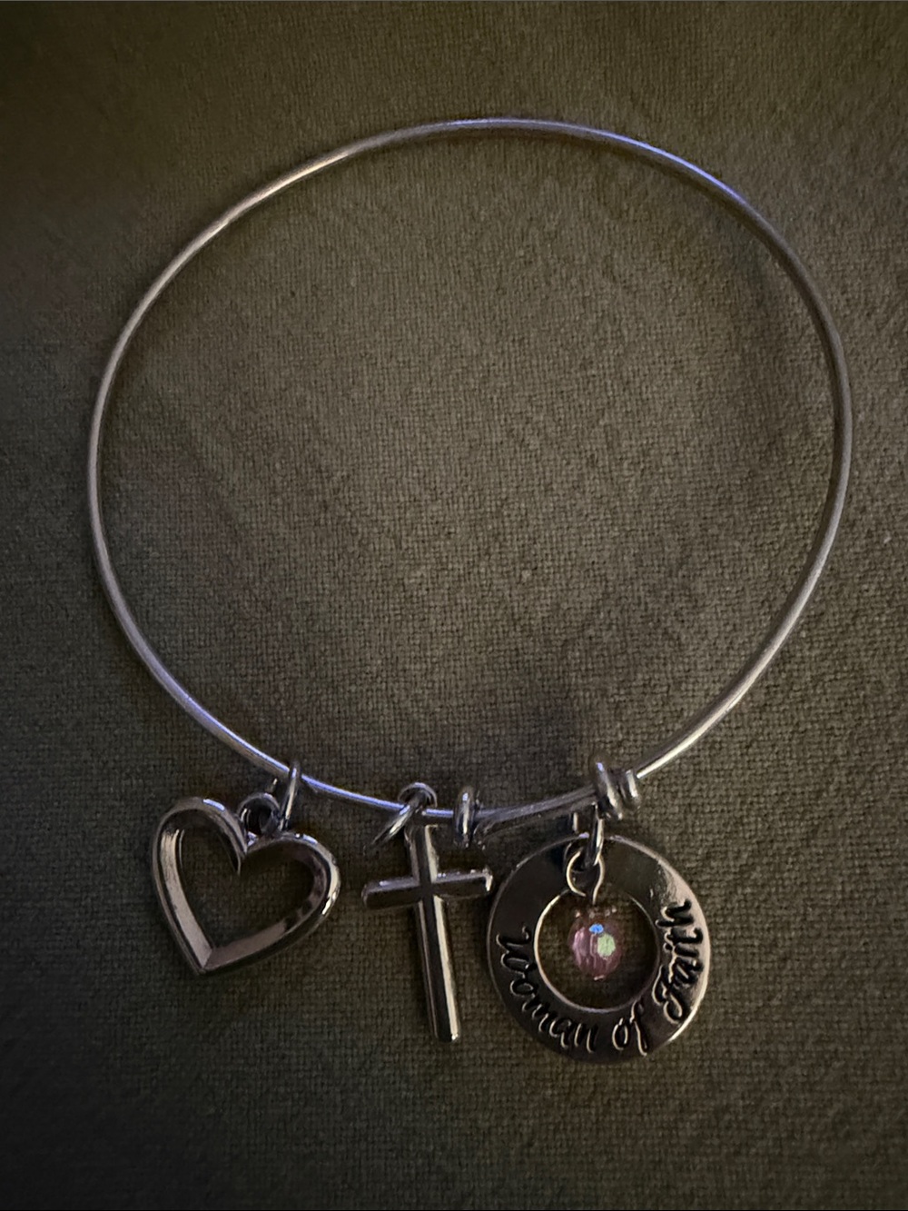 Silver Tone Heart, Cross & Woman of Faith Charm Bangle Bracelet - Silver